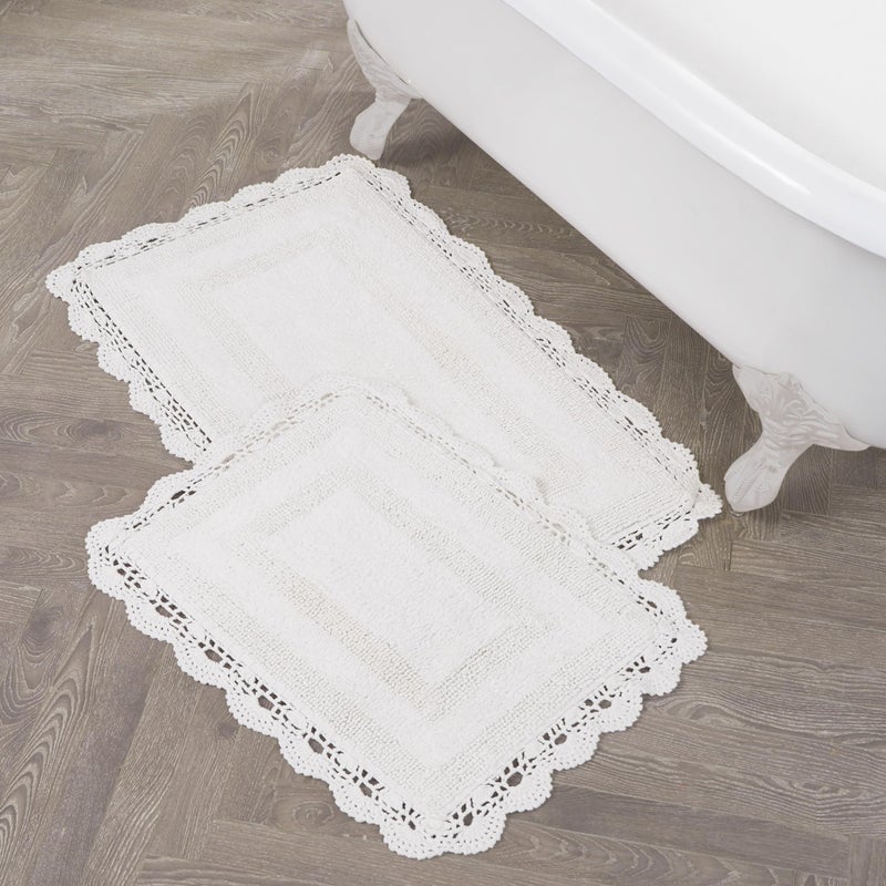 Laura Ashley Absorbent Bath Mat Reversible Crochet Soft and Plush Bathroom Mat 100% Cotton 2-Piece Bath Rug Set, White - Image 1
